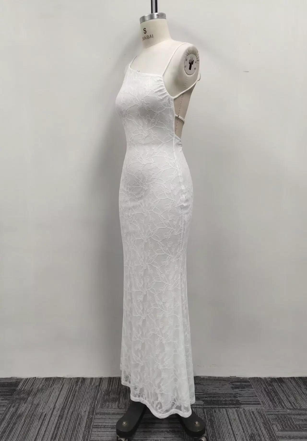 Women White Lace Asymmetric Neck Tie Shoulder Open Back Bodycon Maxi Dress