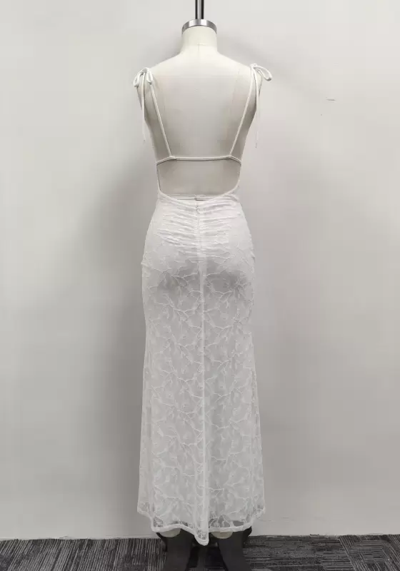 Women White Lace Asymmetric Neck Tie Shoulder Open Back Bodycon Maxi Dress