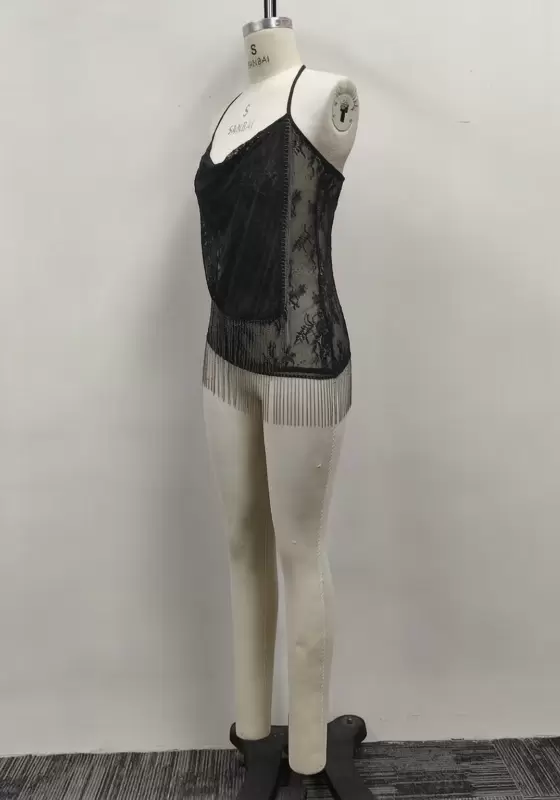 Women Black Lace Halter Cowl Neck Asymmetric Metal Fringe Cami Top