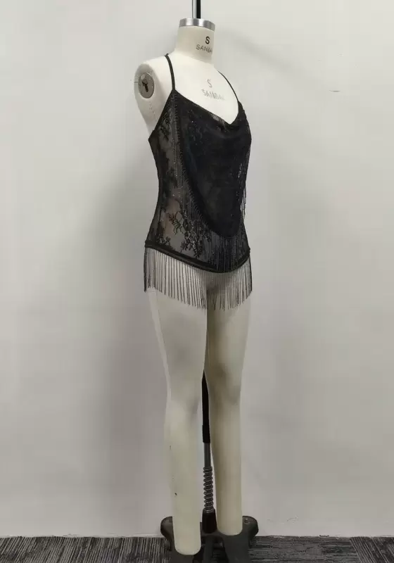 Women Black Lace Halter Cowl Neck Asymmetric Metal Fringe Cami Top