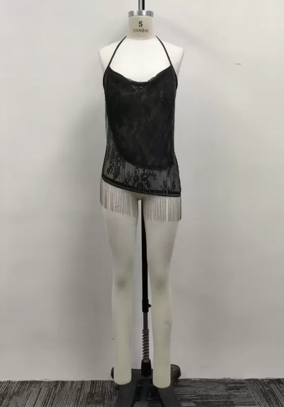 Women Black Lace Halter Cowl Neck Asymmetric Metal Fringe Cami Top