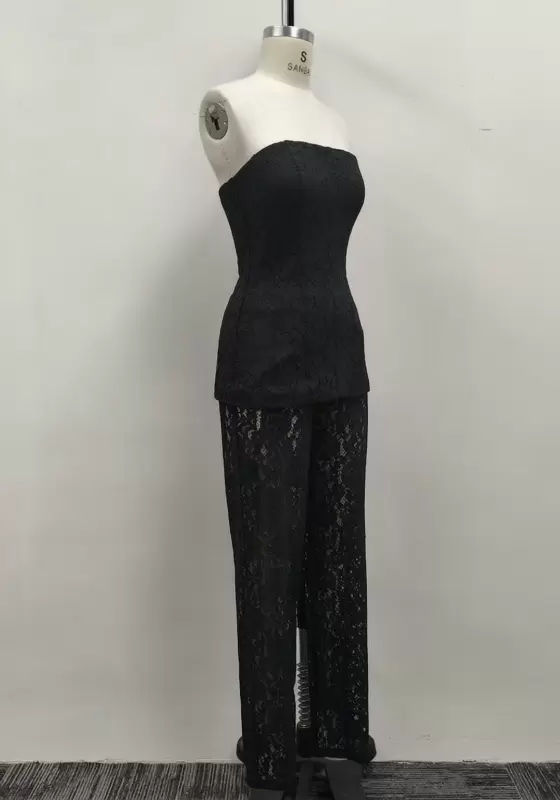 Women Black Lace Strapless Peplum Top and Sheer Wide Leg Pants Set
