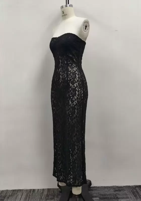 Women Black Lace Strapless Peplum Top and Sheer Wide Leg Pants Set