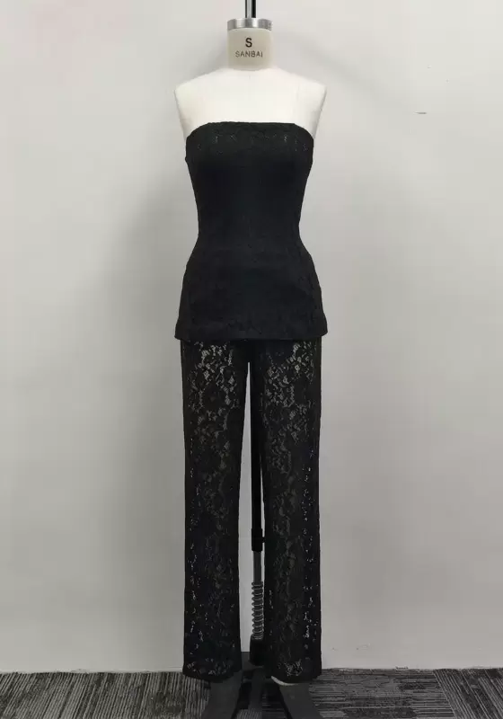 Women Black Lace Strapless Peplum Top and Sheer Wide Leg Pants Set