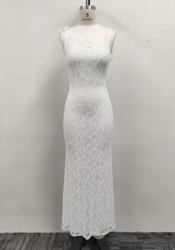 Women White Lace Asymmetric Neck Tie Shoulder Open Back Bodycon Maxi Dress