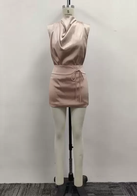 Women Champagne Satin Sleeveless High Neck Drape Cowl Waist Tie Bodycon Mini Dress