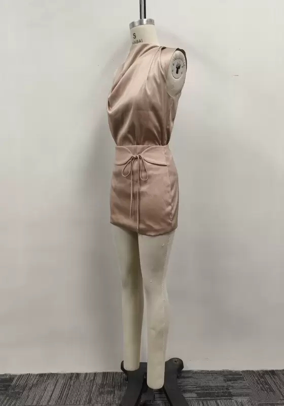 Women Champagne Satin Sleeveless High Neck Drape Cowl Waist Tie Bodycon Mini Dress
