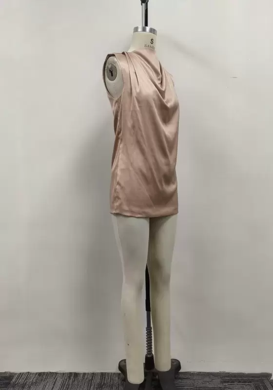 Women Champagne Satin Sleeveless High Neck Drape Cowl Waist Tie Bodycon Mini Dress