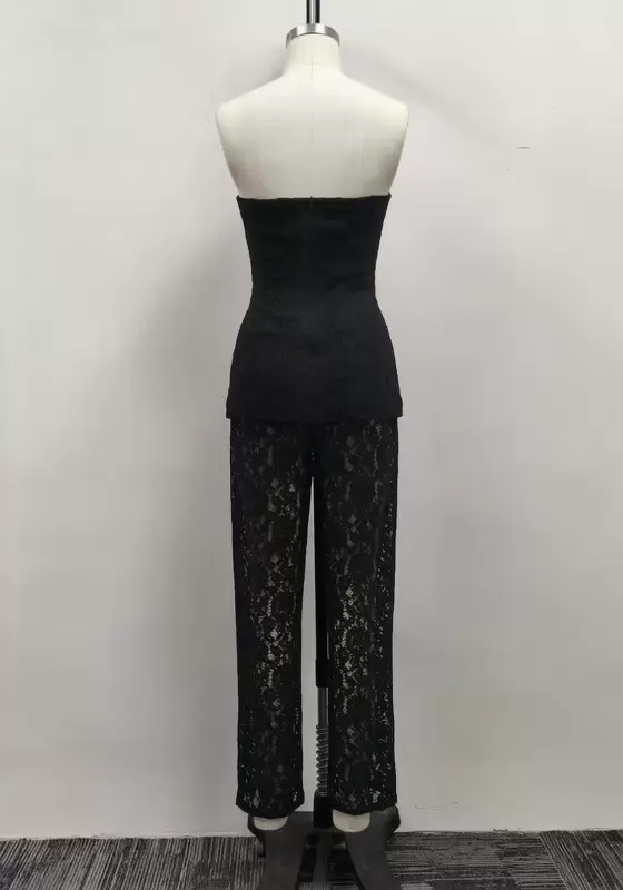 Women Black Lace Strapless Peplum Top and Sheer Wide Leg Pants Set