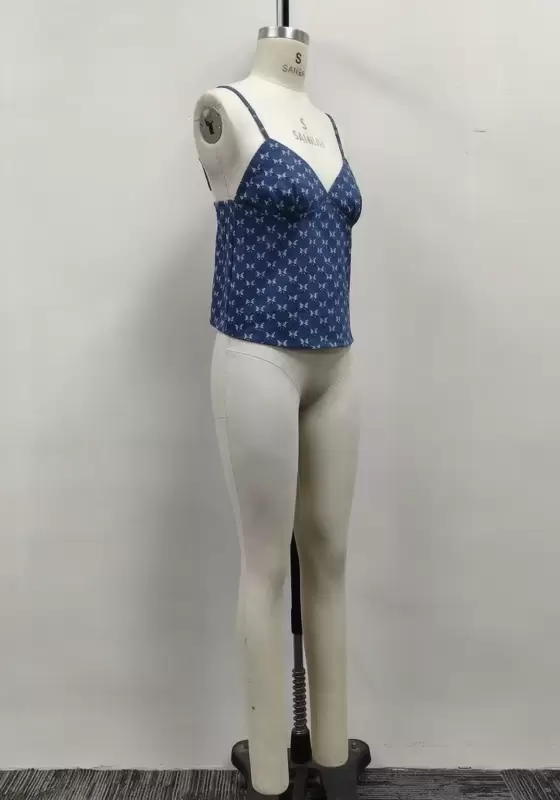 Women Blue Butterfly Jacquard Denim Adjustable Strap Cami Tank Top