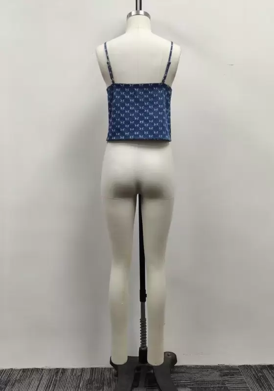 Women Blue Butterfly Jacquard Denim Adjustable Strap Cami Tank Top
