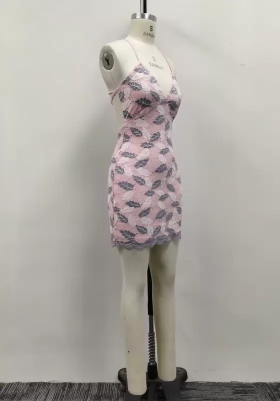 Women Pink Leaf Lace V Neck Cross Back Straps Bodycon Mini Dress