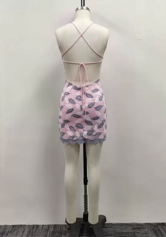 Women Pink Leaf Lace V Neck Cross Back Straps Bodycon Mini Dress