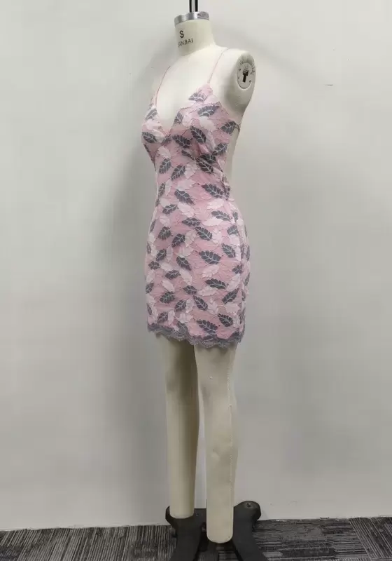 Women Pink Leaf Lace V Neck Cross Back Straps Bodycon Mini Dress