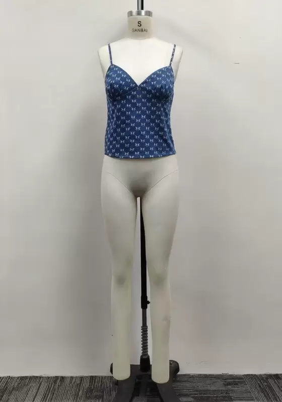 Women Blue Butterfly Jacquard Denim Adjustable Strap Cami Tank Top