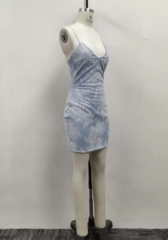 Women Light Blue Lace V-Neck Spaghetti Strap Bodycon Mini Dress