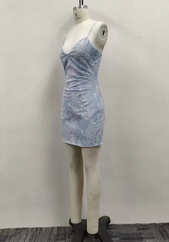 Women Light Blue Lace V-Neck Spaghetti Strap Bodycon Mini Dress