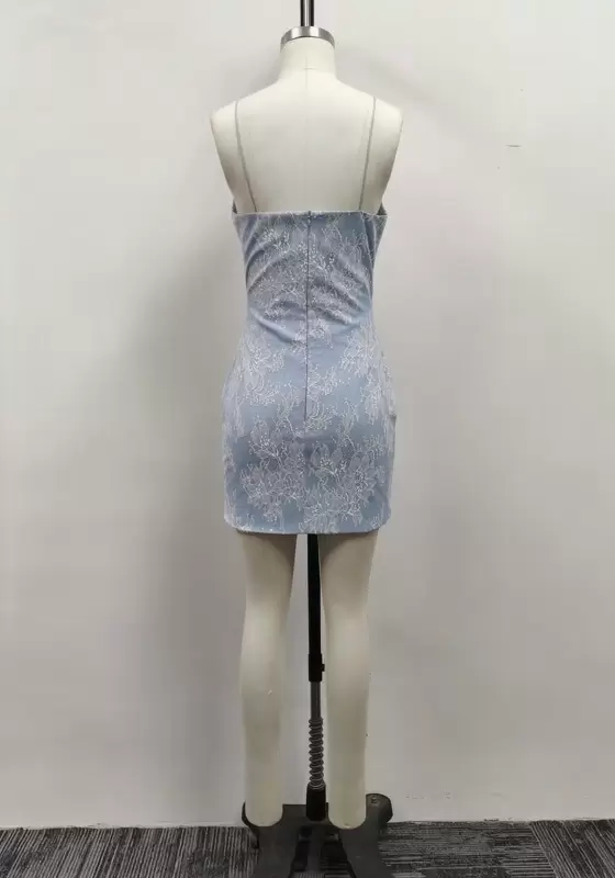 Women Light Blue Lace V-Neck Spaghetti Strap Bodycon Mini Dress