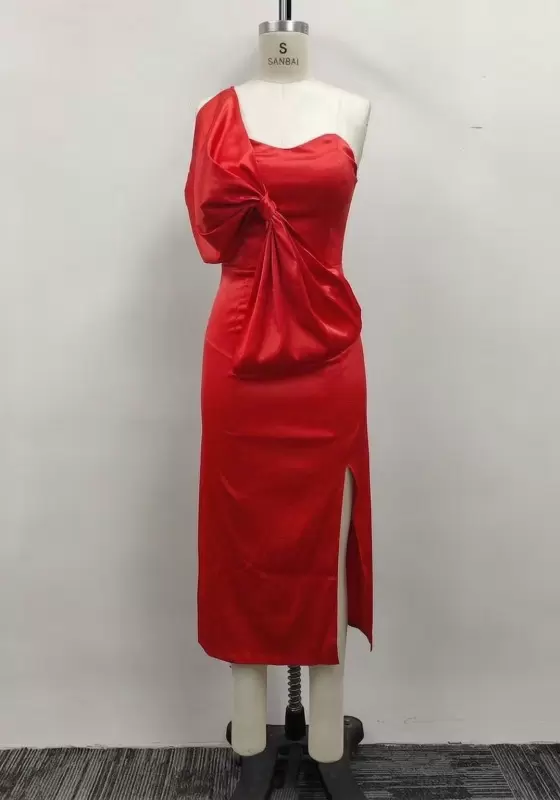 Women Red Satin One Shoulder Big Bow Side Slit Midi Dress