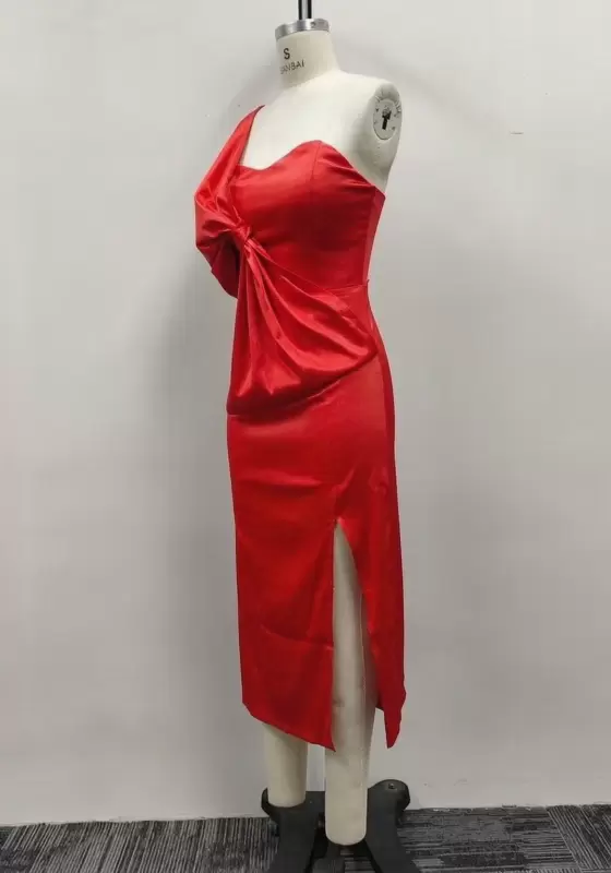 Women Red Satin One Shoulder Big Bow Side Slit Midi Dress