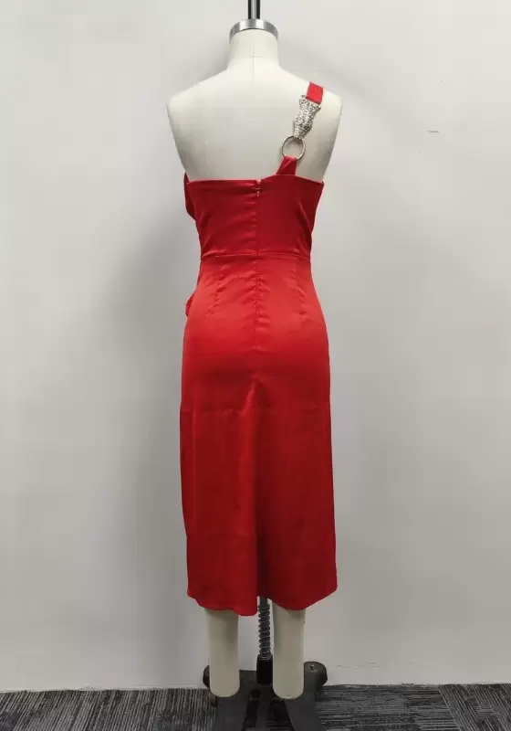 Women Red Satin One Shoulder Big Bow Side Slit Midi Dress