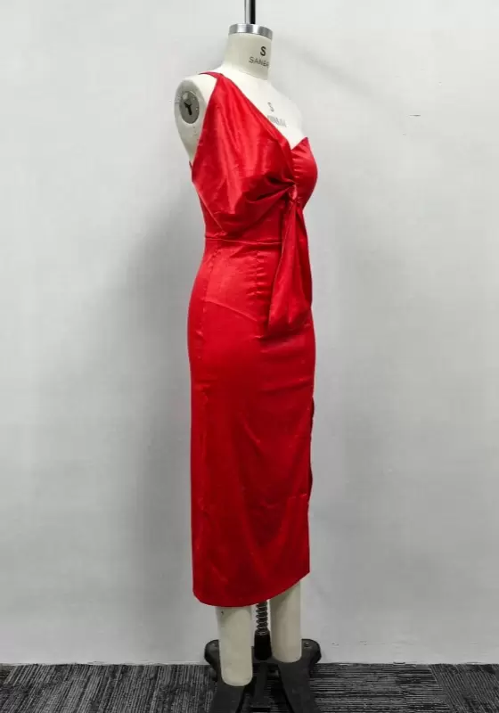 Women Red Satin One Shoulder Big Bow Side Slit Midi Dress