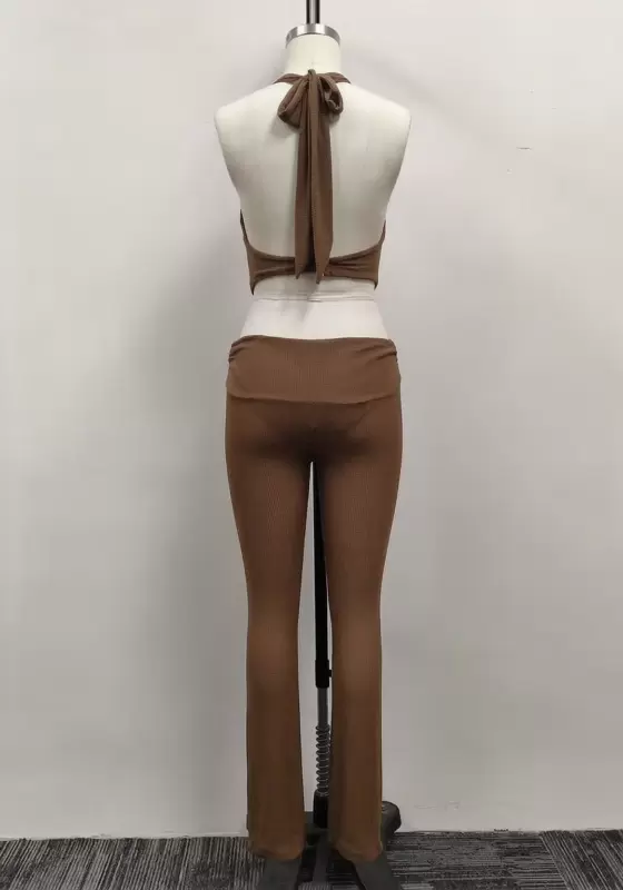 Women Brown Ribbed Knit Halter Cutout Top and Flared Pants Set