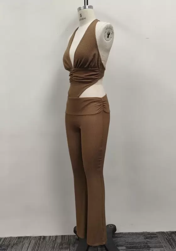 Women Brown Ribbed Knit Halter Cutout Top and Flared Pants Set