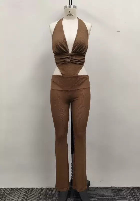 Women Brown Ribbed Knit Halter Cutout Top and Flared Pants Set