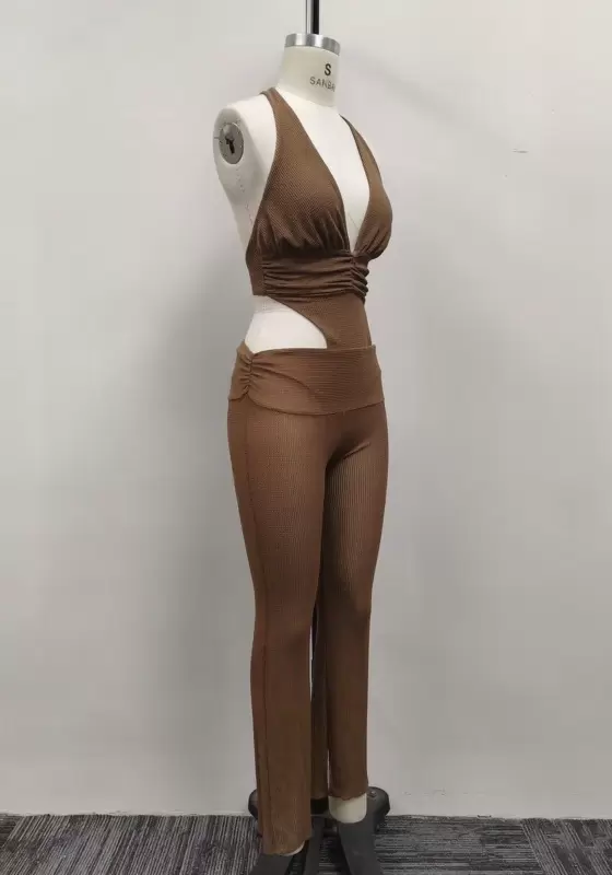 Women Brown Ribbed Knit Halter Cutout Top and Flared Pants Set