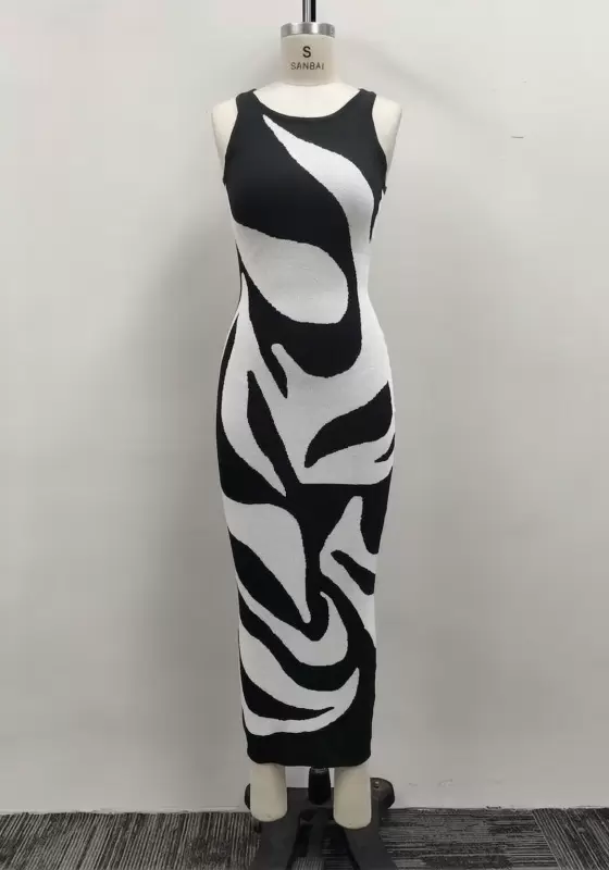 Women Black and White Abstract Wave Pattern Knit Tank Bodycon Maxi Dress