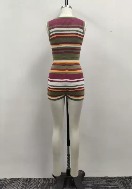Women Multicolor Striped Ribbed Knit Crop Tank Top and Shorts Set