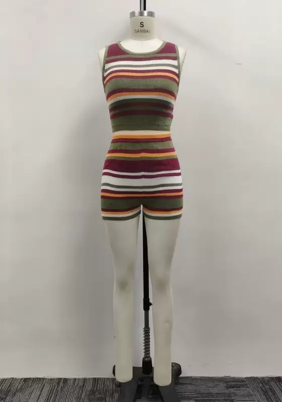 Women Multicolor Striped Ribbed Knit Crop Tank Top and Shorts Set