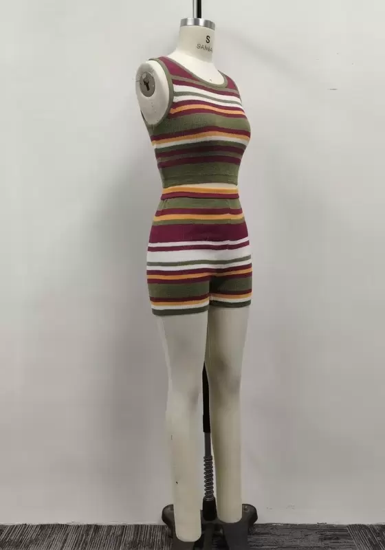 Women Multicolor Striped Ribbed Knit Crop Tank Top and Shorts Set