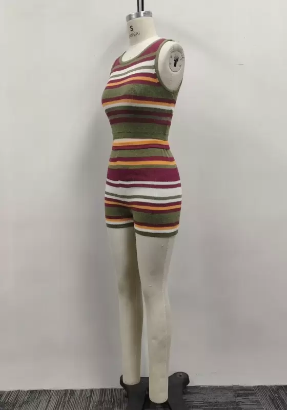 Women Multicolor Striped Ribbed Knit Crop Tank Top and Shorts Set