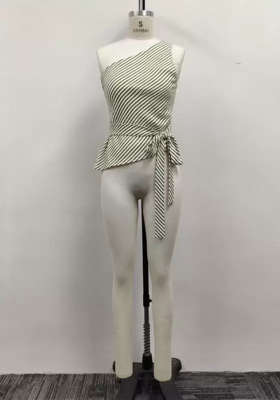 Women Diagonal Striped One Shoulder Tie Waist Peplum Top