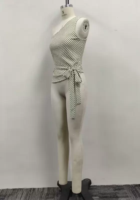 Women Diagonal Striped One Shoulder Tie Waist Peplum Top