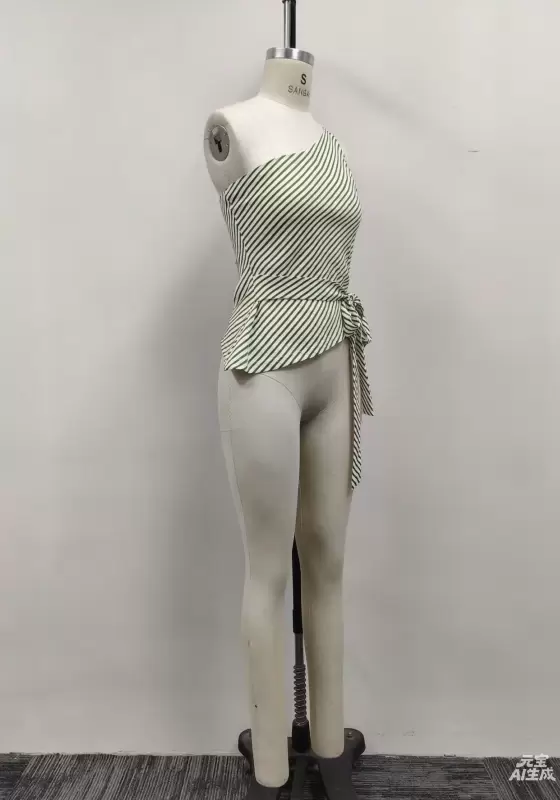 Women Diagonal Striped One Shoulder Tie Waist Peplum Top