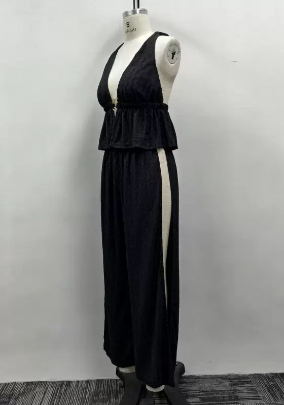 Women Black Jacquard Halter Deep V-Neck Ring Detail Layered Maxi Skirt Set