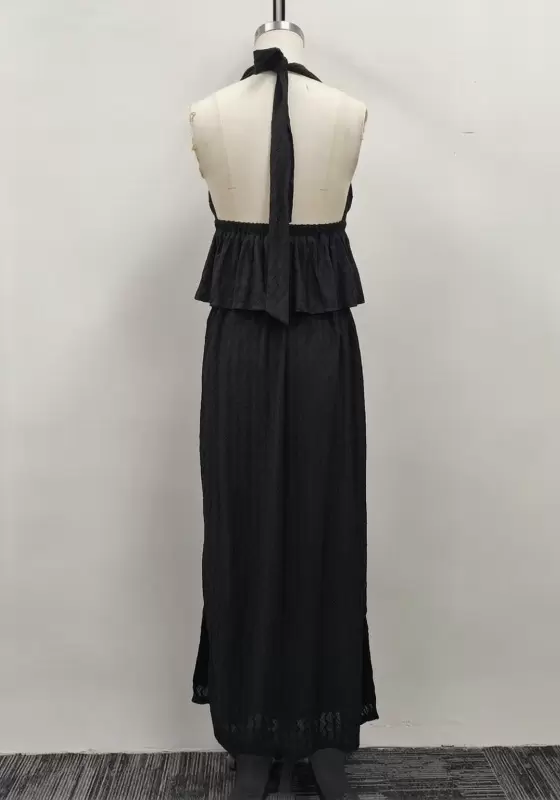 Women Black Jacquard Halter Deep V-Neck Ring Detail Layered Maxi Skirt Set