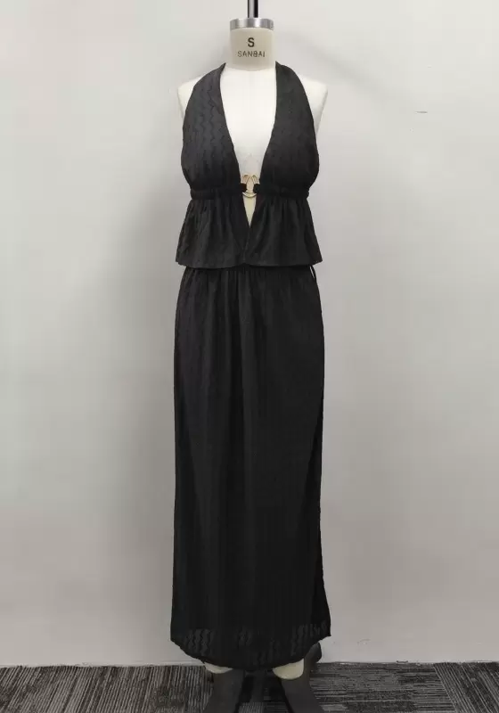 Women Black Jacquard Halter Deep V-Neck Ring Detail Layered Maxi Skirt Set