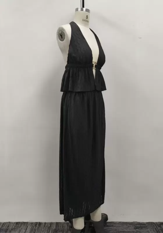 Women Black Jacquard Halter Deep V-Neck Ring Detail Layered Maxi Skirt Set