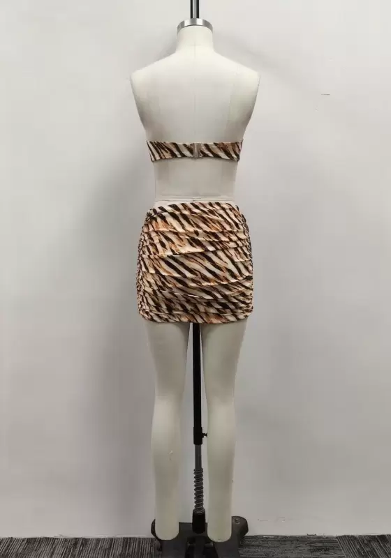 Women Tiger Print Strapless Knot Front Cutout Ruched Mini Dress