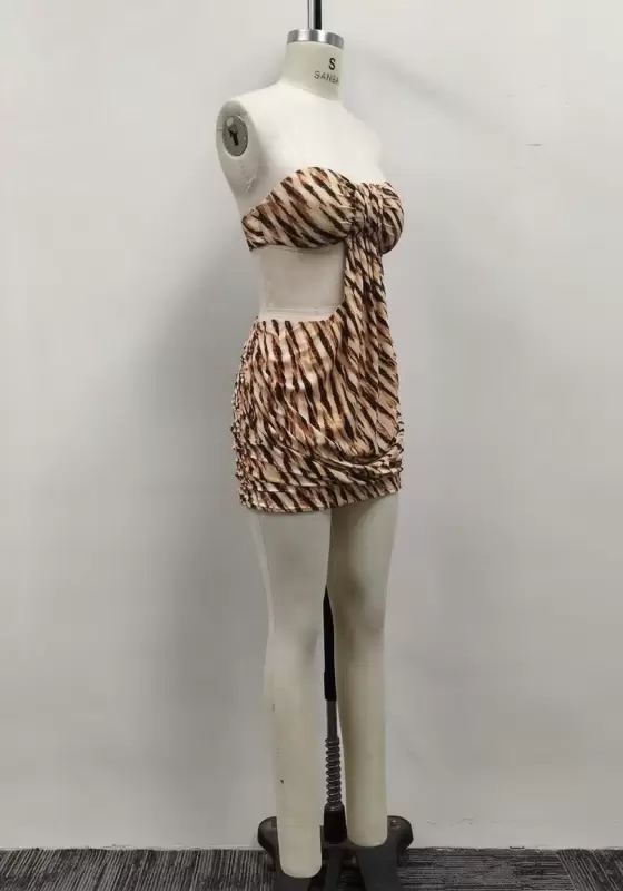 Women Tiger Print Strapless Knot Front Cutout Ruched Mini Dress