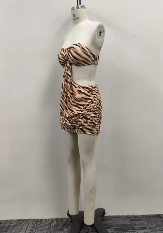 Women Tiger Print Strapless Knot Front Cutout Ruched Mini Dress