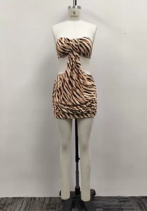 Women Tiger Print Strapless Knot Front Cutout Ruched Mini Dress