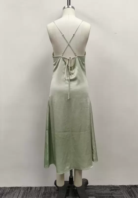 Women Sage Green Satin Cowl Neck Cross Back Tie Slip Midi Dress