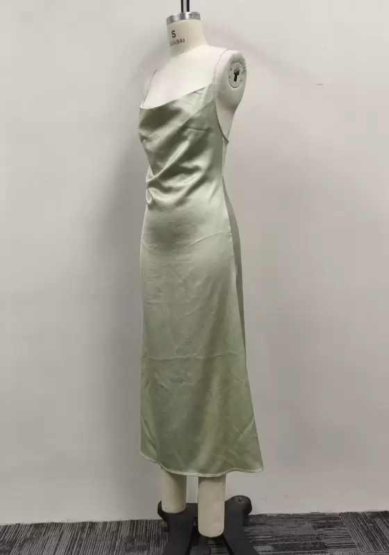 Women Sage Green Satin Cowl Neck Cross Back Tie Slip Midi Dress