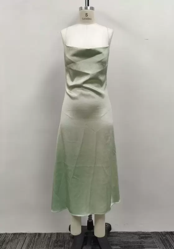 Women Sage Green Satin Cowl Neck Cross Back Tie Slip Midi Dress