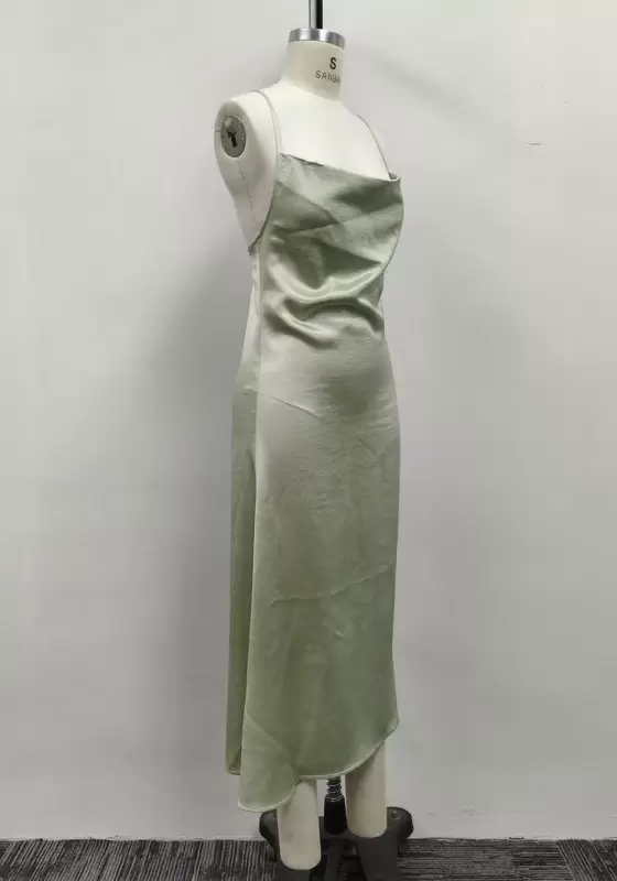 Women Sage Green Satin Cowl Neck Cross Back Tie Slip Midi Dress